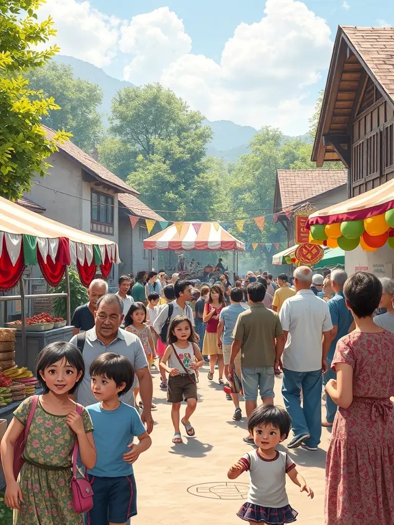 A vibrant image depicting the annual village festival organized by COMITE DES FETES, showcasing families enjoying games, food stalls, and live music in a lively atmosphere.