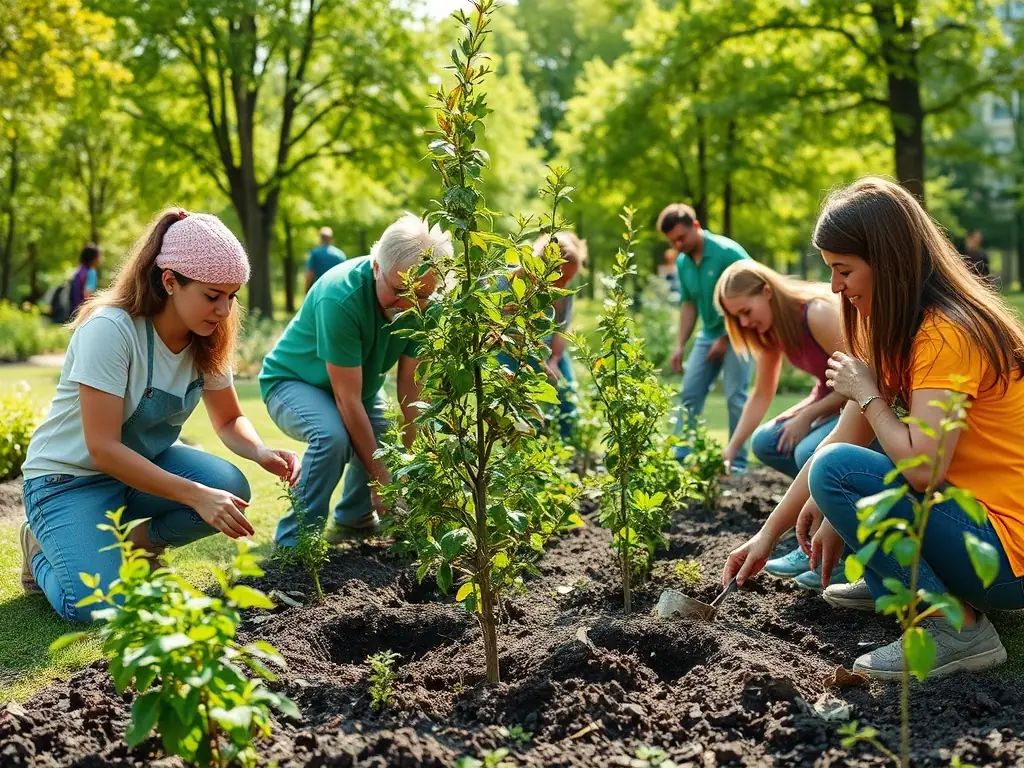 An image of a group of volunteers working together on a community project, such as planting trees or cleaning up a local park, highlighting the collaborative effort and positive impact on the environment.