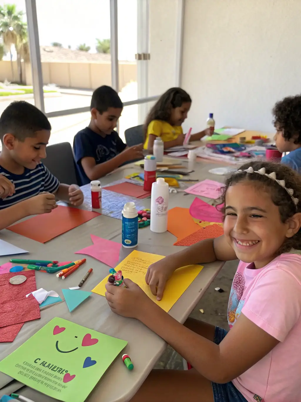 A photograph capturing a group of children participating in an arts and crafts workshop organized by COMITE DES FETES, with smiles on their faces and colorful creations in their hands.