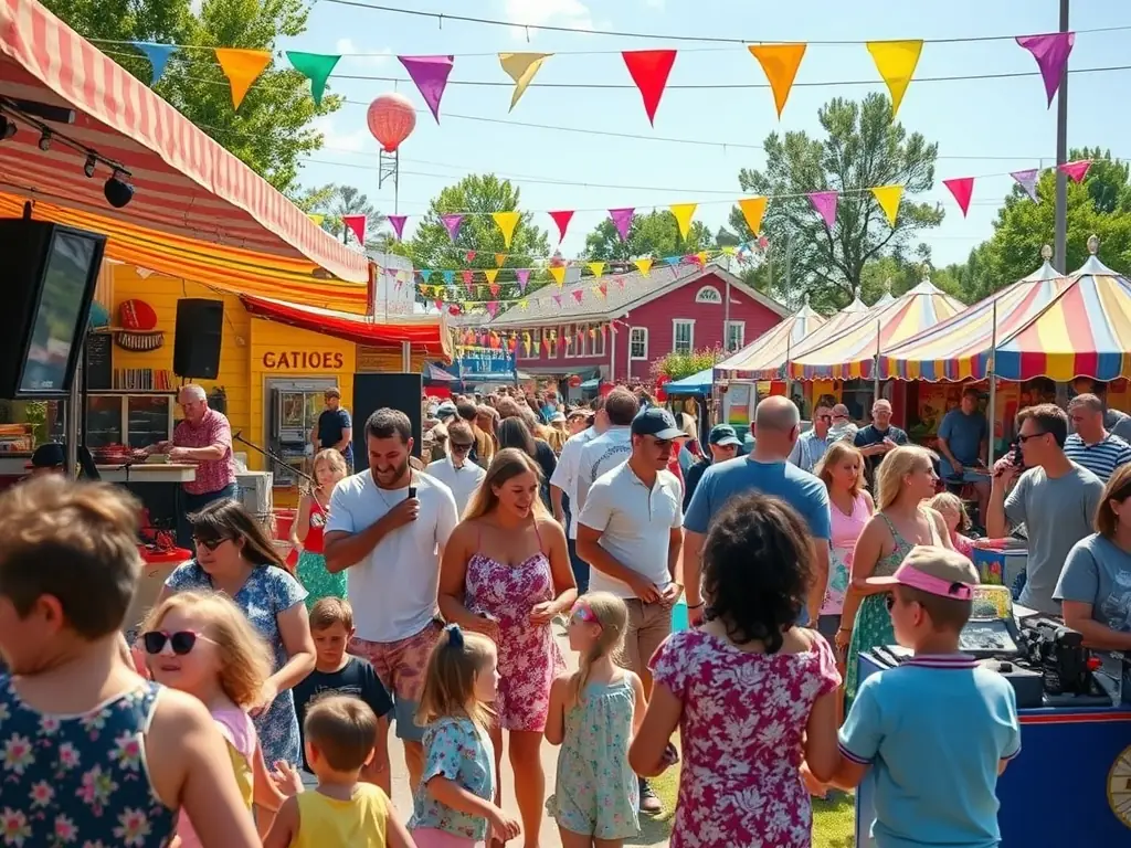 A vibrant image depicting a local festival organized by COMITE DES FETES, showcasing community members enjoying food, music, and games in a lively atmosphere.