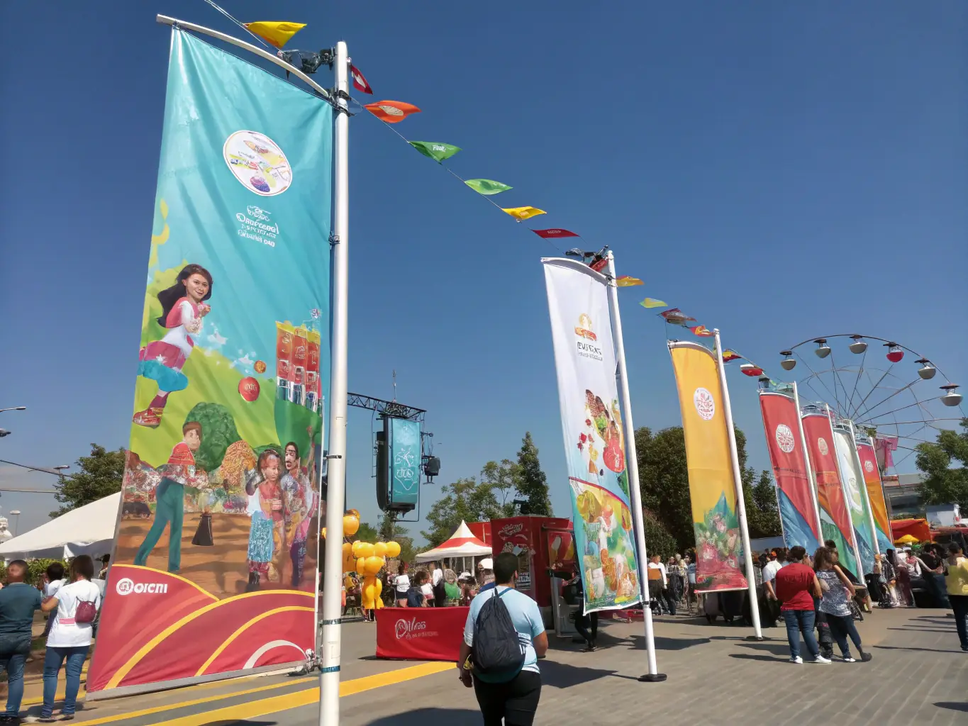 A group of people participating in a community festival, with colorful decorations and smiling faces.
