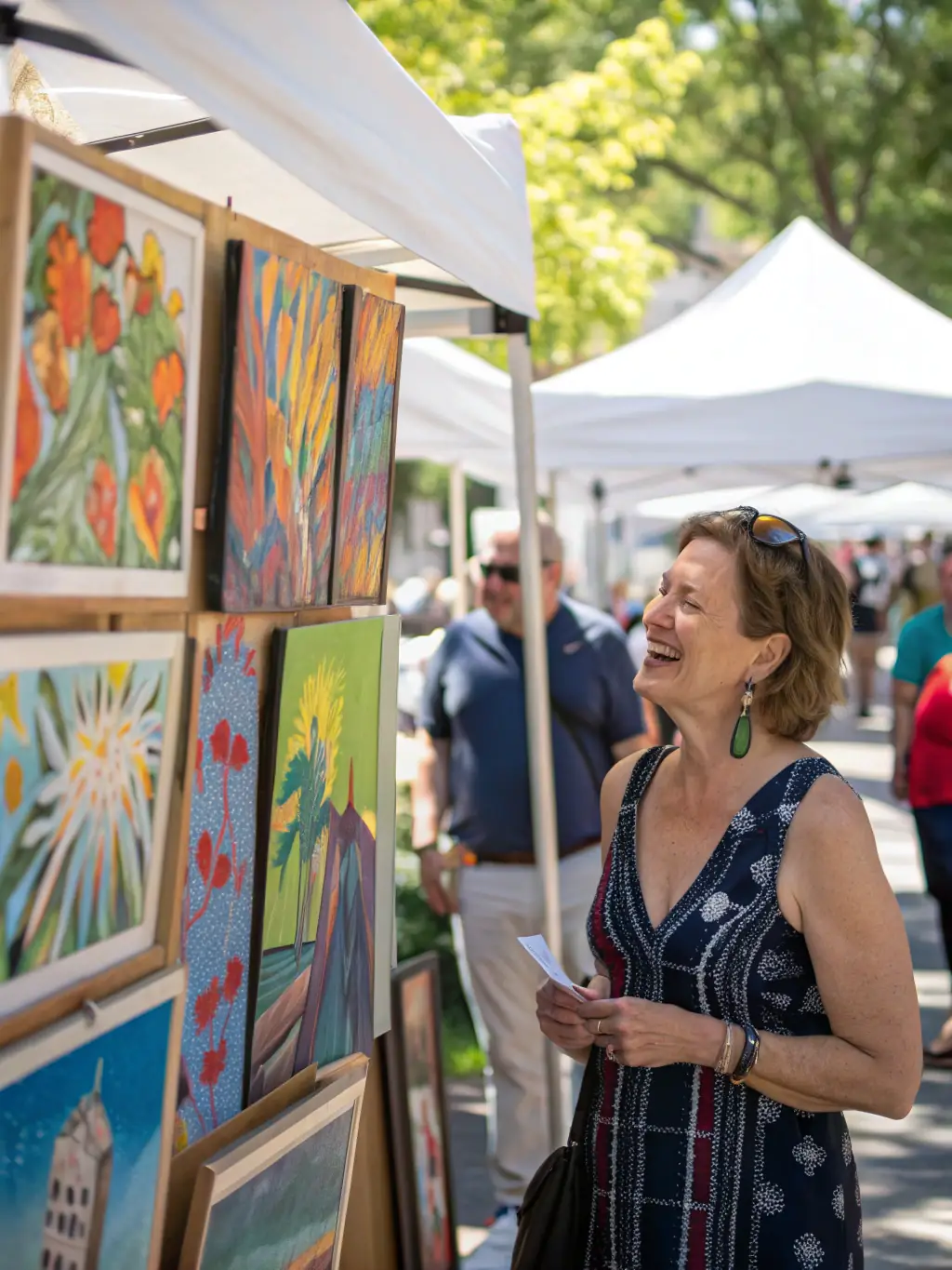 A picture of a local artist displaying their artwork at a community art exhibition supported by COMITE DES FETES, demonstrating the organization's support for local talent and cultural expression.